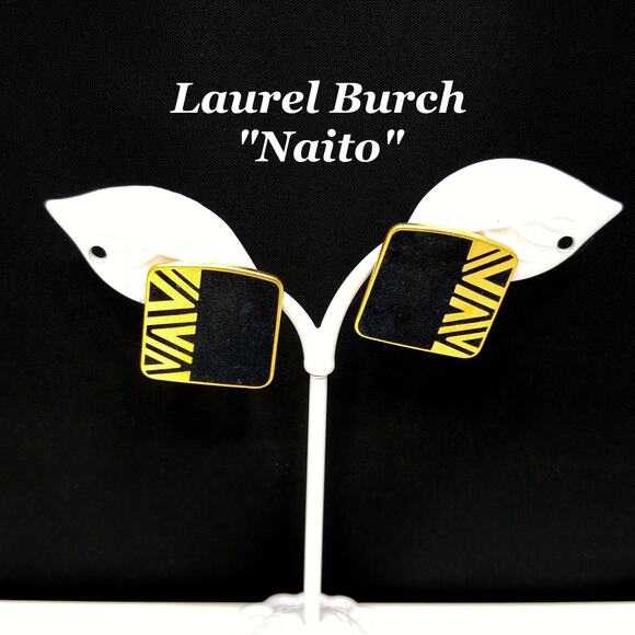 Laurel Burch "Naito" Post Earrings, Black Cloisonné, Gold Plated, 1980s Vintage - Picture 1 of 10
